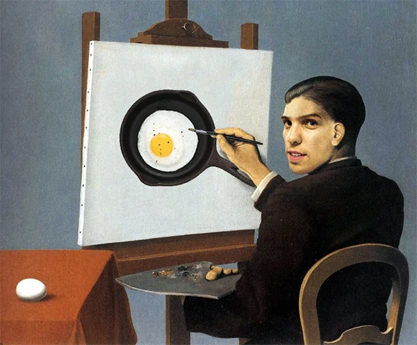 Painting parody of Magritte’s Clairvoyance, a man at an easel painting a fried egg from an egg on the table